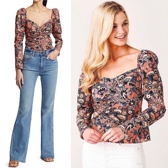 NWT ALC Floral Sweetheart Neck Ruched Front Puff Long Sleeve Smocked Back Top 2 - Picture 1 of 14
